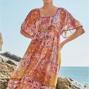 JOHNNY WAS Macy Silk-Blend Midi Dress-Womens Pastel Patchwork block-Small/S NWT